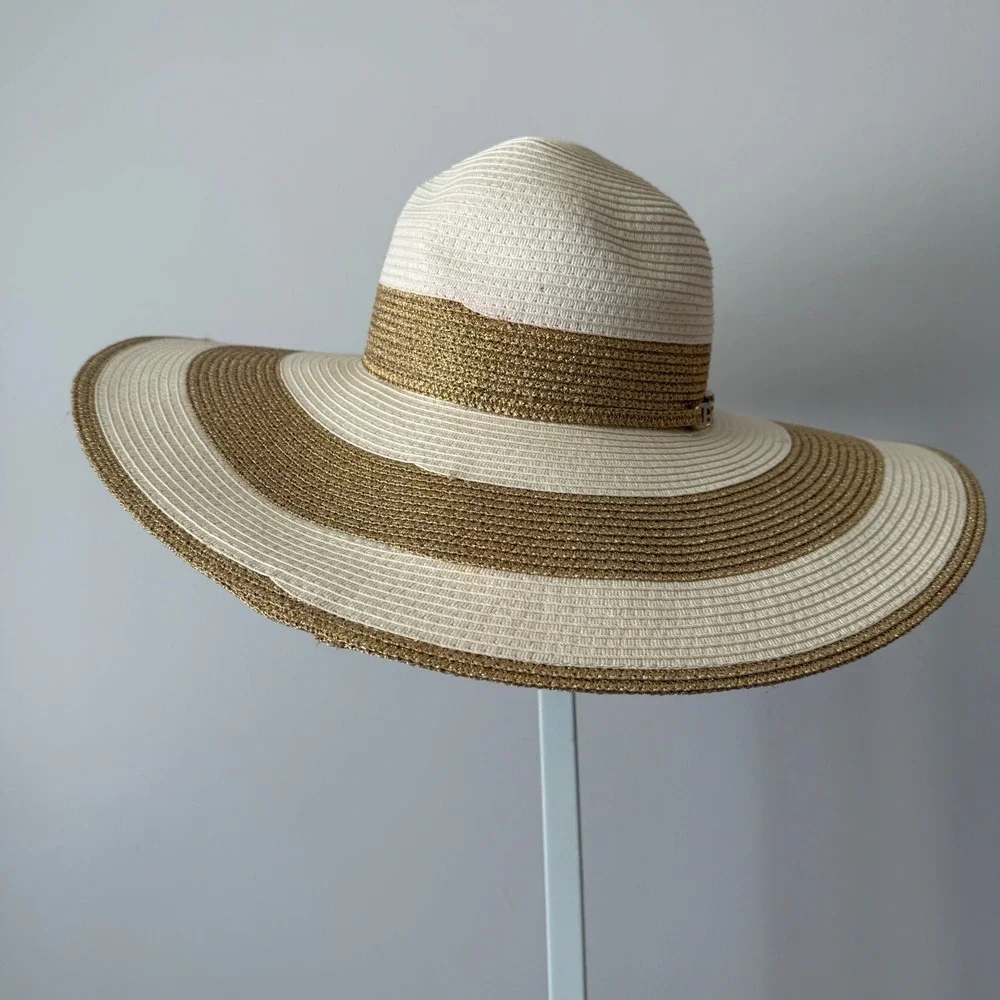 Scala OS White Gold Sun Hat Wide Brim Striped Metallic Chain Detail Beach Summer